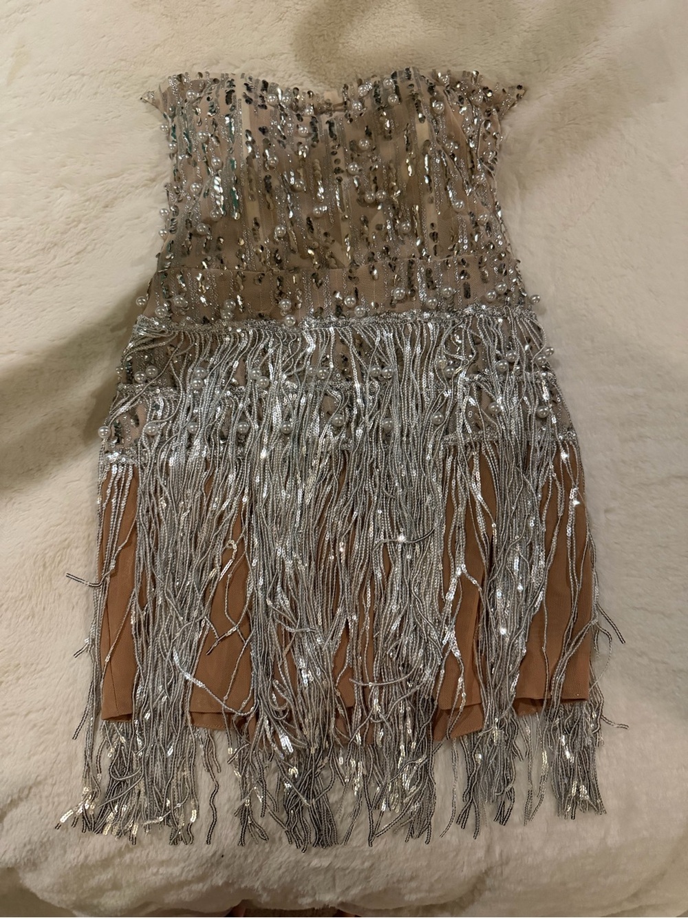 Bella Barnett Strapless Silver-Beaded Fringe Cocktail Dress - Nude Base